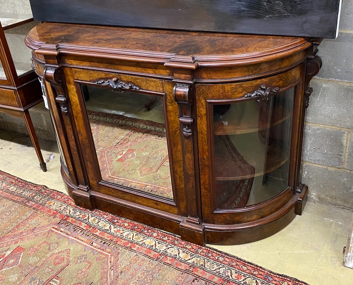 A Victorian walnut bow front credenza, width 150cm, depth 50cm, height 92cm